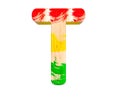 3D decorative wooden colored red green yellow Alphabet, capital letter T.