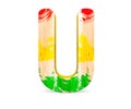 3D decorative wooden colored red green yellow Alphabet, capital letter U.