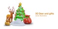 3D deer, decorated Christmas tree, snow drift, bags with gifts. Santa helper