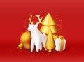 3D Deer with Golden Horns and Gold Christmas Tree Royalty Free Stock Photo