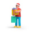 3D Delivery Man Courier with Santa Hat holds in hands goods, package, shopping bag and christmas gift.