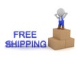 3D Delivery man next to free shipping sign