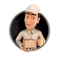 3d delivery man with package and thumb up inside circular hole Royalty Free Stock Photo