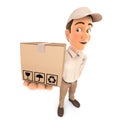 3d delivery man standing and holding package