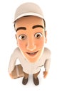 3d delivery man standing and looking up at camera