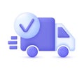 3D Delivery truck with check mark. Express delivery, shipping, truck icon, quick move. Fast delivery concept.