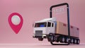 3D Delivery truck loaded with a cardboard box and smartphone with map pointer. Delivery and shipping service concept