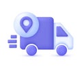 3D Delivery truck and location pin. Express delivery, shipping, truck icon, quick move. Tracking logistics concept