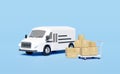 3d delivery van, white truck with packaging, goods cardboard box, platform trolley isolated on blue background. service, Royalty Free Stock Photo