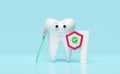 3d dental molar teeth model icon with toothbrush, toothpaste tube, shield check isolated on green background. tooth decay Royalty Free Stock Photo