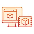 3d design on computer flat icon. Pc monitor with 3d project orange icons in trendy flat style. 3D modelling on desktop Royalty Free Stock Photo