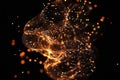 A 3D design featuring a glowing, interconnected network of lines and glowing dots, all suspended in