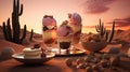 3D design of ice cream desserts set against a stunning desert sunset Royalty Free Stock Photo