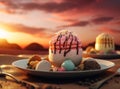 Sweet paradise with this 3D ice cream dessert design set against a stunning desert sunset Royalty Free Stock Photo