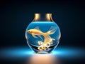 3D Design, Modern style of glass vase made full water and glowing halo fish inside of vase.Generative AI