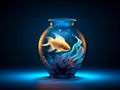 3D Design, Modern style of glass vase made full water and glowing halo fish inside of vase.Generative AI