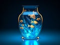 3D Design, Modern style of glass vase made full water and glowing halo fish inside of vase.Generative AI