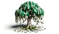 3D design of a once lush and green money tree now with withering leaves and drooping branches. Falling from the tree are faded