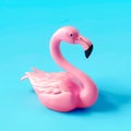 3D design of pink flamingo over bright blue background.