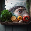 3d design surrealism style of a basket shop with vegetables and eye