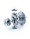 3D design template. Exploded view of a mechanical gear system in clean isometric perspective. Detailed metal components separated Royalty Free Stock Photo