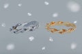 3D design of white and platinum twisted rings floating amongst macro focus blur diamond clusters. Royalty Free Stock Photo
