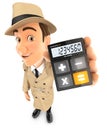 3d detective holding a calculator