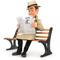 3d detective reading newspaper on public bench