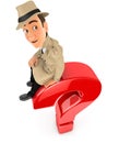 3d detective sitting on top of question mark