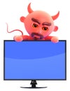 3d Devil looks over a new widescreen television monitor Royalty Free Stock Photo