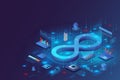 3D DevOps. Development service. Continuous icon. Delivery of software app. Cycle cloud of process. Digital connection