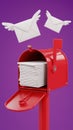 3D Digital Art of Red Open Mailbox with Envelopes and Flying Paper Birds Royalty Free Stock Photo