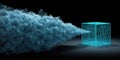 3D digital artwork showing blue particles streaming into a glowing wireframe cube in a dark space Royalty Free Stock Photo