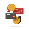 3d digital icon of credit cards with golden coins of euro and dollar with arrows to exchange