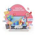 3D Digital Marketing Concept with Laptop Rocket Globe Calculator and Growth Chart computer Royalty Free Stock Photo