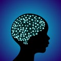 3d digital neuro blue glowing human brain with child head black silhouette