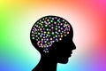 3d digital neuro multicolored colorful glowing human brain with adult people head black silhouette