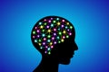 3d digital neuro multicolored colorful glowing human brain with adult people head black silhouette