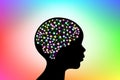 3d digital neuro multicolored colorful glowing human brain with child head black silhouette