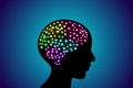 3d digital neuro multicolored glowing human brain with adult people head black silhouette