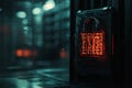 3d digital padlock icon on data security background with binary code and blurred screen in dark room Royalty Free Stock Photo
