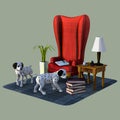 Two Dalmatian Puppies and Red Chair