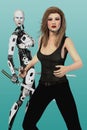 Beautiful Woman and Female Robot with Katana Swords