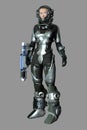 Full figure render of a futuristic woman space warrior or astronaut holding a high tech weapon