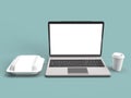 3d digital rendering of a laptop, a take out lunch box and a coffee cup with blank mockups isolated in cyan background Royalty Free Stock Photo