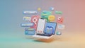 3D digital search and technology concept with smartphone, laptop, and floating UI elements on gradient background Royalty Free Stock Photo