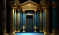 3d dignified entrance hall with columns, gold, blue, and black background. interior palace hall Royalty Free Stock Photo