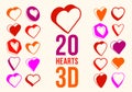 3D dimensional hearts vector icons or logos set, gift boxes on Valentine day, heart shaped buttons, graphic design elements