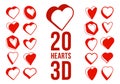 3D dimensional hearts vector icons or logos set, gift boxes on Valentine day, heart shaped buttons, graphic design elements