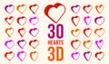 3D dimensional hearts vector icons or logos set, gift boxes on Valentine day, heart shaped buttons, graphic design elements